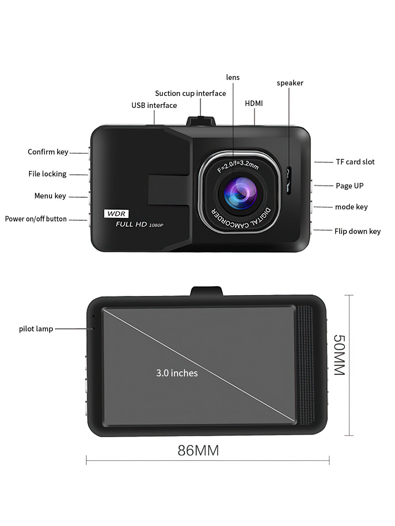 3.0-Inch Full HD Car Dash Cam with Wide-Angle Lens and Advanced Features